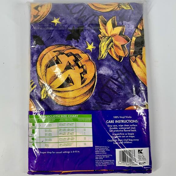 Vintage Vinyl Table Cloth W/ Flannel Back Halloween Jack-o’-lantern Stars NEW - Picture 2 of 3